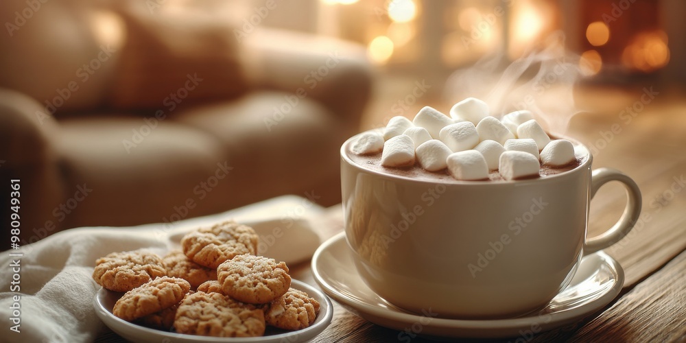 Warm Cup of Hot Chocolate with Marshmallows and Cookies Warm Cup of Hot Chocolate with Marshmallows and Cookies