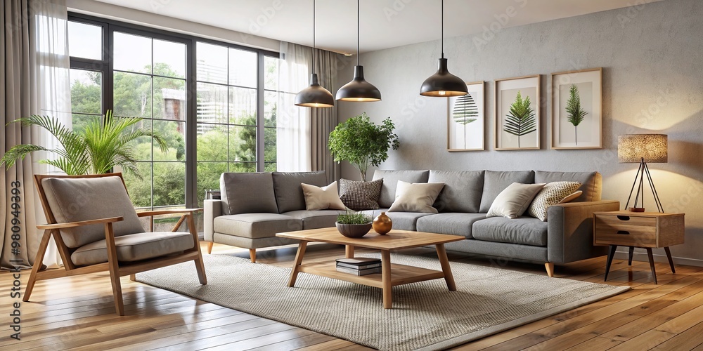 Fototapeta premium Modern Scandinavian-inspired living room with sleek wooden coffee table, minimalist sofas, and stylish lighting,