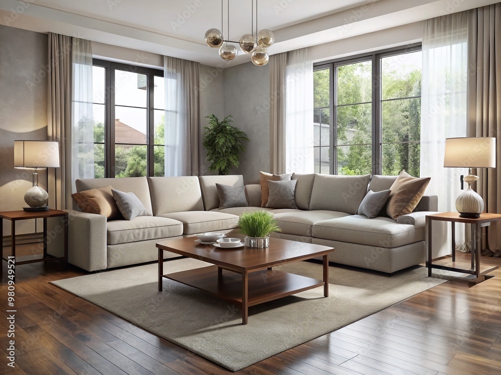Modern sectional sofa and loveseat in neutral tones, paired with sleek coffee table and matching end tables, in Modern sectional sofa and loveseat in neutral tones, paired with sleek coffee table and matching end tables, in