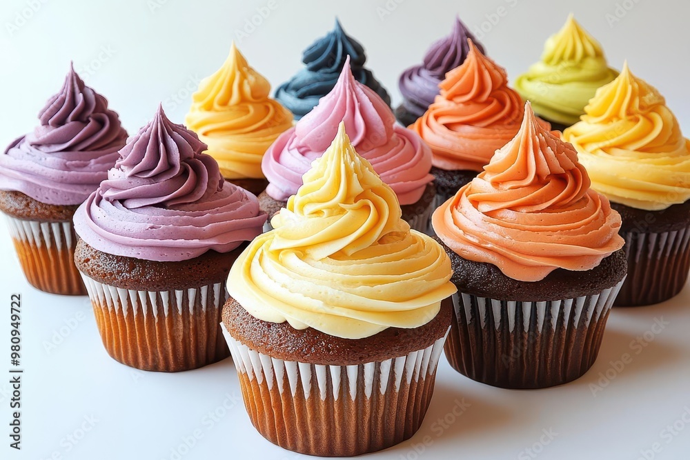 rainbow swirl cupcakes arranged in color spectrum glossy frosting peaks pure white background indulgent treat display rainbow swirl cupcakes arranged in color spectrum glossy frosting peaks pure white background indulgent treat display