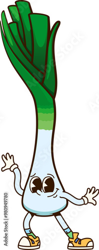 Groovy shallot onion vegetable character. Isolated cartoon vector playful leek veg personage with a cheerful expression, wearing sneakers and striking a dynamic pose, exudes fun healthy eating vibes