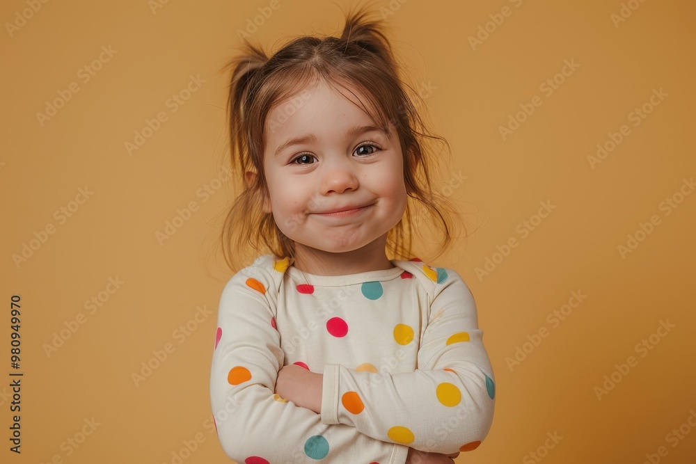Smiling Toddler with Crossed Arms Against a Yellow Background Smiling Toddler with Crossed Arms Against a Yellow Background