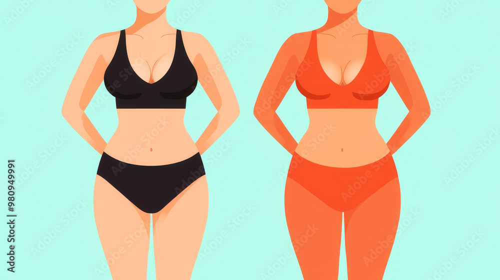 Weight loss journey, before and after body transformation, flat design illustration Weight loss journey, before and after body transformation, flat design illustration