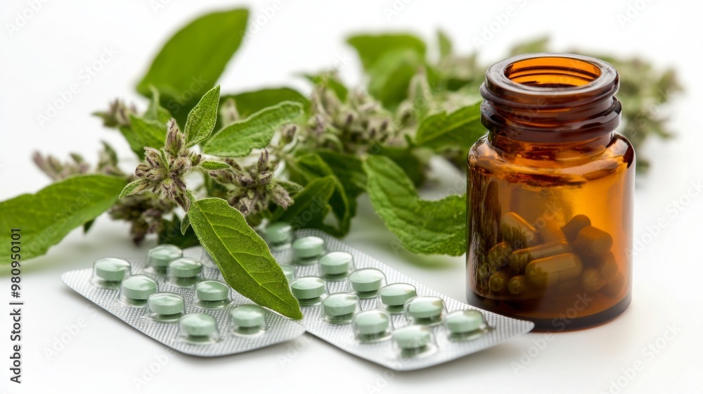 A close-up of a bottle of herbal medicine and a blister pack of tablets, placed on a white background to highlight natural and traditional remedies for common ailments. A close-up of a bottle of herbal medicine and a blister pack of tablets, placed on a white background to highlight natural and traditional remedies for common ailments.