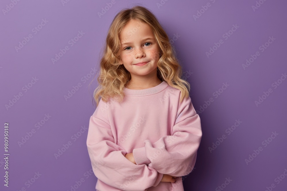 Portrait of Smiling Little Girl in Pink Sweater Against Purple Background Portrait of Smiling Little Girl in Pink Sweater Against Purple Background