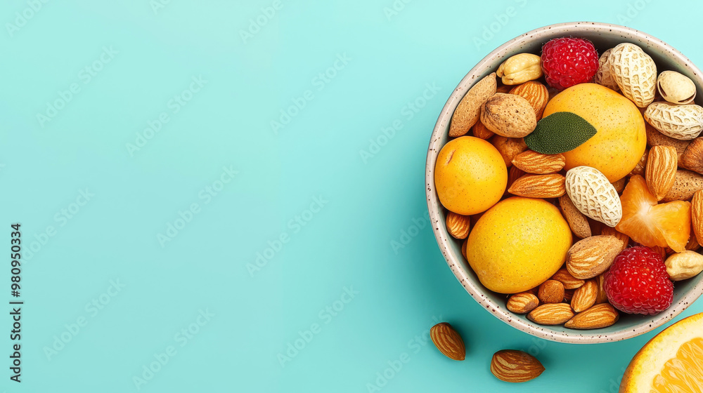 Healthy snack options, fruits and nuts in a bowl, flat design illustration Healthy snack options, fruits and nuts in a bowl, flat design illustration