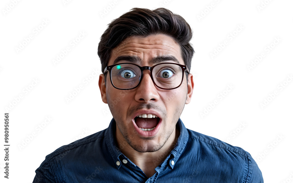 shocked and surprised young man wearing glasses, open mouth expression, isolated on PNG transparent background, emotional facial expression showing disbelief or surprise, close-up portrait shocked and surprised young man wearing glasses, open mouth expression, isolated on PNG transparent background, emotional facial expression showing disbelief or surprise, close-up portrait