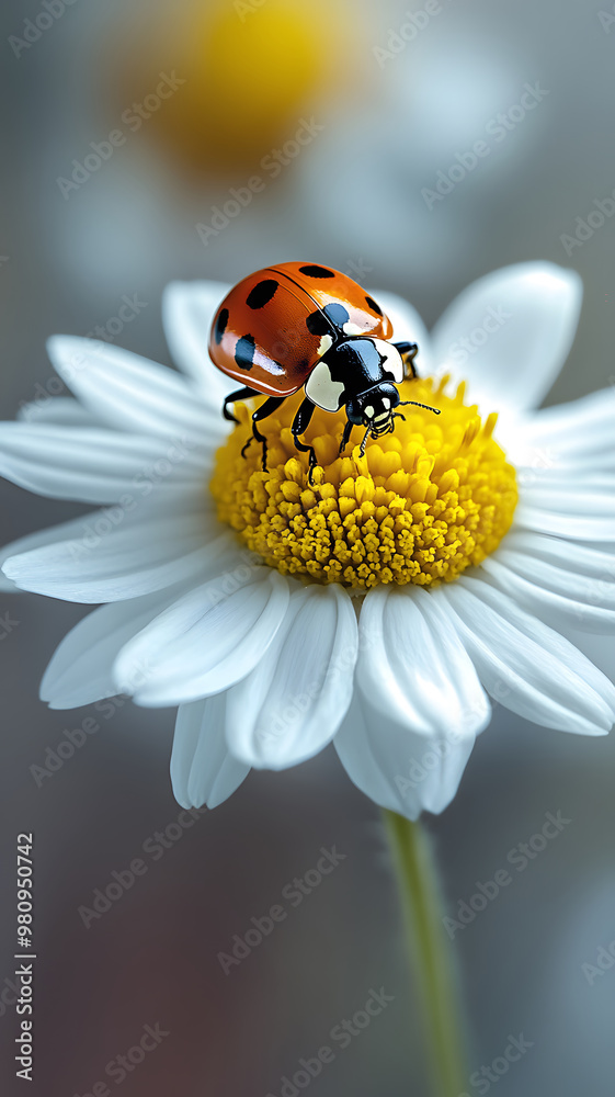 one white chamomile on white background, and a little ladybug sits on the white petals one white chamomile on white background, and a little ladybug sits on the white petals
