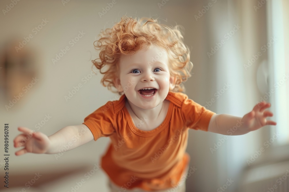 Joyful Morning Leap: Happy Child Jumping Indoors Joyful Morning Leap: Happy Child Jumping Indoors