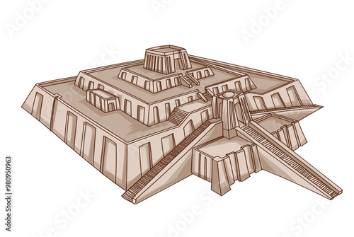 The great Ziggurat at Ur in perspective, Architecture of Babylon, Assyria, Mesopotamia. vector illustration