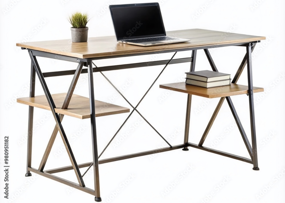 Modern two-tier folding computer desk with spacious surface and sturdy metal legs serves as a compact home office Modern two-tier folding computer desk with spacious surface and sturdy metal legs serves as a compact home office