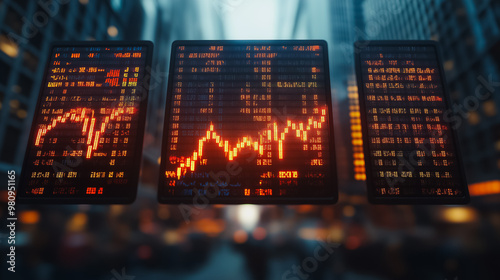 Three computer screens displaying stock market data. The screens are lit up with orange numbers and lines. Scene is intense and focused, as the viewer is likely to be interested in the stock market
