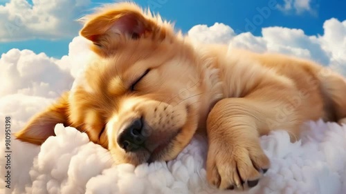 Cute ginger puppy sleeping sweetly on the clouds, nature, beauty and tranquility