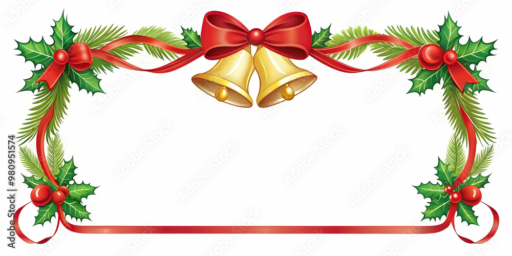 Flat Christmas Bells and Red Ribbon Decorative Frame with Ample Copy Space for Holiday Greetings and Festive Promotions - Ideal for Winter Marketing Campaigns Flat Christmas Bells and Red Ribbon Decorative Frame with Ample Copy Space for Holiday Greetings and Festive Promotions - Ideal for Winter Marketing Campaigns