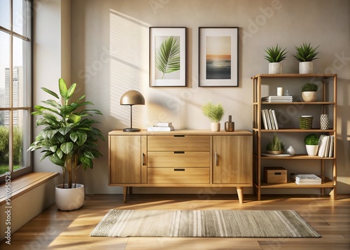 Modern wooden credenza with drawers and shelves, placed against a neutral-colored wall, surrounded by natural light, in