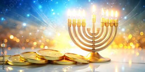 3D Glowing Hanukkah Gelt Floating in Abstract Digital Space with Vibrant Colors - Modern Festive Visual for E-commerce Banners