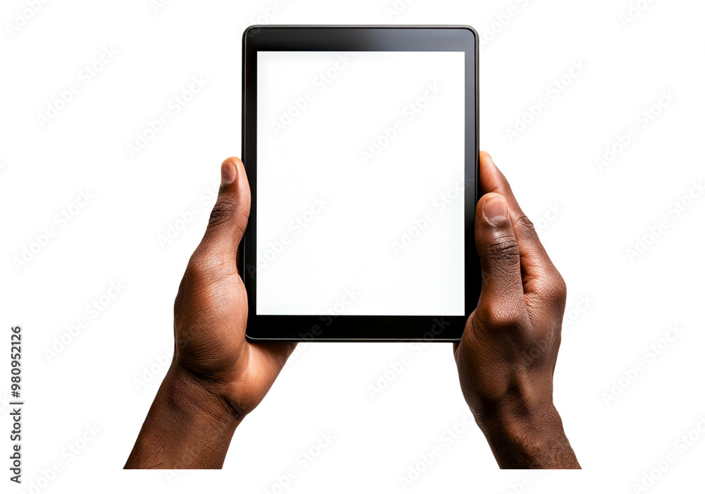 Hand touching blank screen of black tablet. Transparent background, Isolated PNG. Hand touching blank screen of black tablet. Transparent background, Isolated PNG.