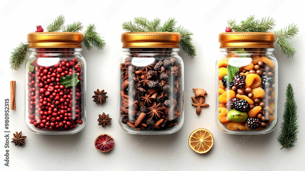 3D Glass Jar Infographic Elements for Zero Waste New Year 2025 - Festive Dried Fruits & Spices, Seamless Vector Design for Sustainable Practices