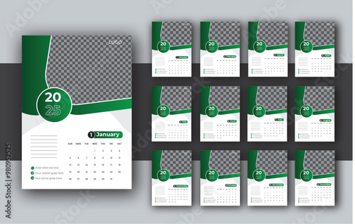 2025 Wall calendar template, corporate 12 month wall calendar 2025 schedule, week starts on Sunday, Simple vertical calendar design template.