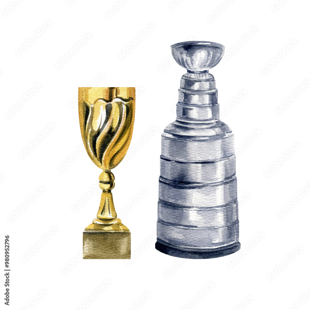 Hockey Silver and Golden Cup awards in a hockey match, watercolor shiny trophies, hand drawn illustration of sport winner prize, success in championship of sports, game, for sports blogs Hockey Silver and Golden Cup awards in a hockey match, watercolor shiny trophies, hand drawn illustration of sport winner prize, success in championship of sports, game, for sports blogs