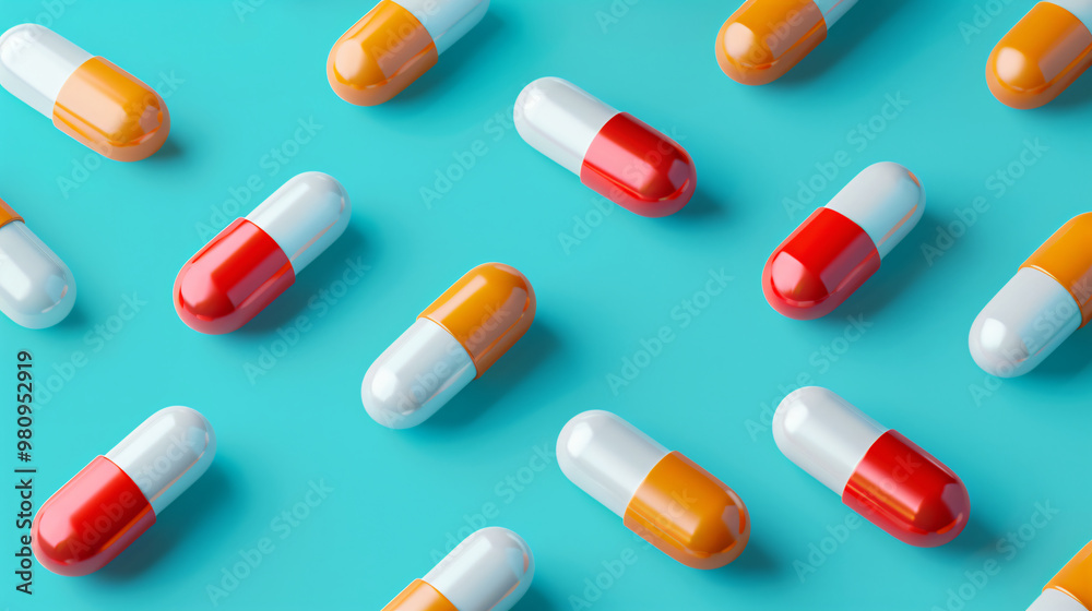 Red, orange, and white capsules scattered on a bright blue background Red, orange, and white capsules scattered on a bright blue background