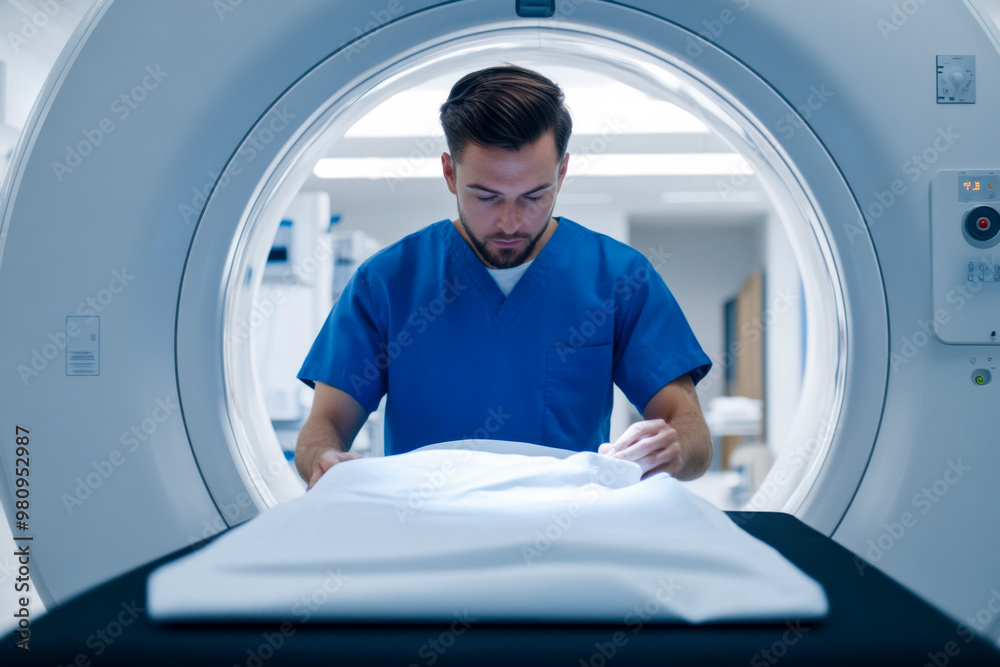 Medical professional preparing patient for CT scan in a modern healthcare facility during daytime procedures