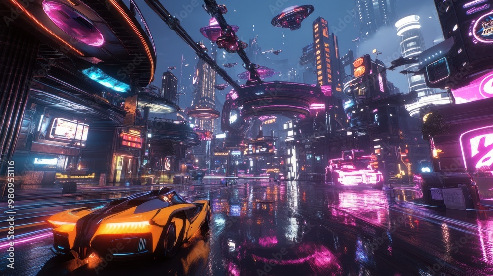 A user avatar exploring a neon-lit virtual cityscape, surrounded by flying cars and futuristic architecture. A user avatar exploring a neon-lit virtual cityscape, surrounded by flying cars and futuristic architecture.