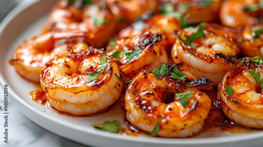 Close-up of succulent grilled shrimp in spicy sauce, garnished with fresh green herbs, exhibiting an appetizing texture and vibrant orange-red color on marble. Close-up of succulent grilled shrimp in spicy sauce, garnished with fresh green herbs, exhibiting an appetizing texture and vibrant orange-red color on marble.