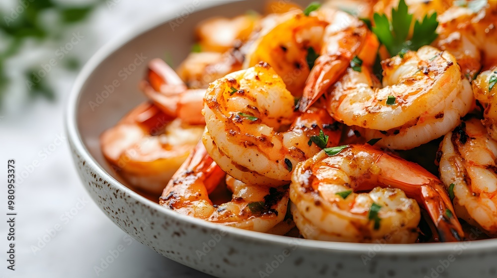 Close-up of succulent grilled shrimp in spicy sauce, garnished with fresh green herbs, exhibiting an appetizing texture and vibrant orange-red color on marble. Close-up of succulent grilled shrimp in spicy sauce, garnished with fresh green herbs, exhibiting an appetizing texture and vibrant orange-red color on marble.