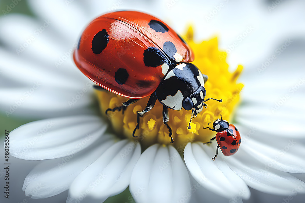 Obraz premium one white chamomile on white background, and a little ladybug sits on the white petals