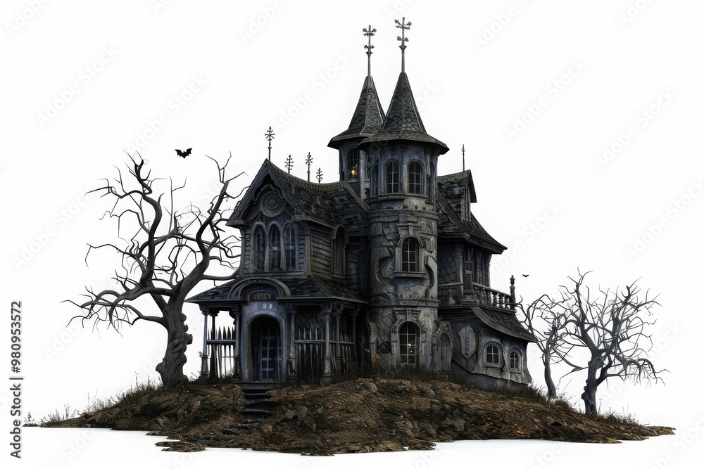 Naklejka premium spooky dark halloween house isolated on white background, png, cut-out, clipping path