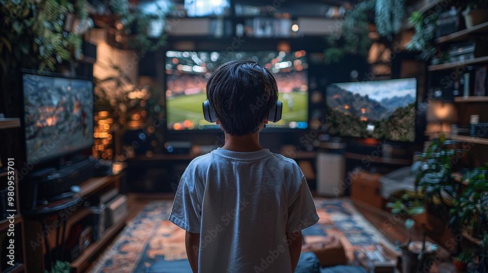 Fototapeta premium Render an Asian boy standing with hand controllers, playing a virtual rugby game in his high-tech living room