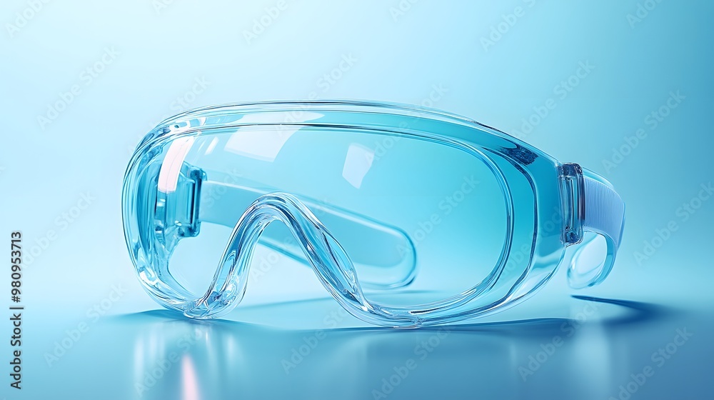 Transparent safety goggles with a light blue tint, emphasizing crystal clear protective eyewear design on a clean minimalist background, ideal for laboratory settings.