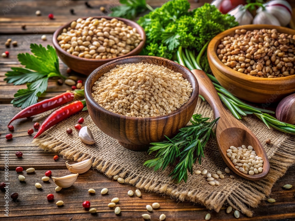 Vibrant arrangement of whole grains including brown rice, barley, and farro, nestled among fragrant fresh herbs and aromatic spices on a rustic wooden surface. Vibrant arrangement of whole grains including brown rice, barley, and farro, nestled among fragrant fresh herbs and aromatic spices on a rustic wooden surface.