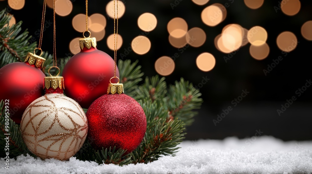 A festive arrangement of red and golden Christmas ornaments hanging from snow-dusted pine needles, with a glowing holiday bokeh effect in the background. A festive arrangement of red and golden Christmas ornaments hanging from snow-dusted pine needles, with a glowing holiday bokeh effect in the background.