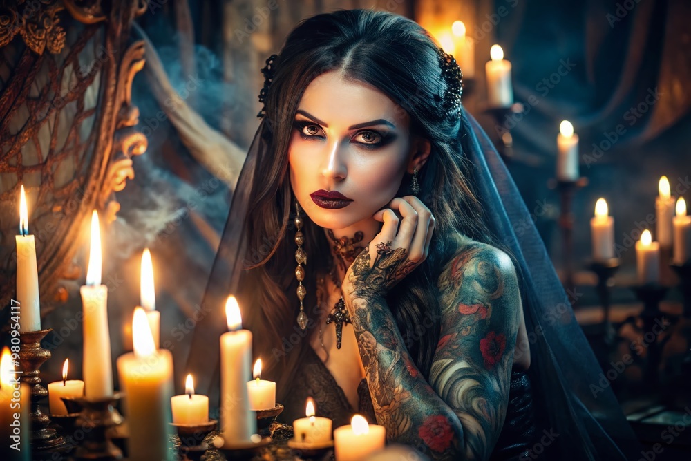Mysterious, heavily-tattooed woman with dark eye makeup and flowing hair, surrounded by candles and mystical objects, Mysterious, heavily-tattooed woman with dark eye makeup and flowing hair, surrounded by candles and mystical objects,
