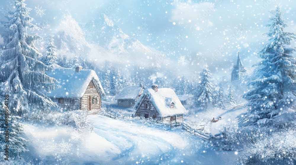 Snowy Merry Christmas banner with a picturesque winter scene, ample space for your personalized message Snowy Merry Christmas banner with a picturesque winter scene, ample space for your personalized message