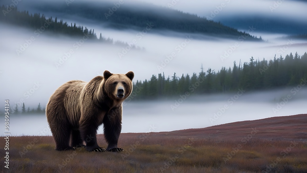 The high-resolution photo highlights the bear's robust presence against a backdrop of ethereal fog, creating a sense of tranquil solitude and raw wilderness. The high-resolution photo highlights the bear's robust presence against a backdrop of ethereal fog, creating a sense of tranquil solitude and raw wilderness.
