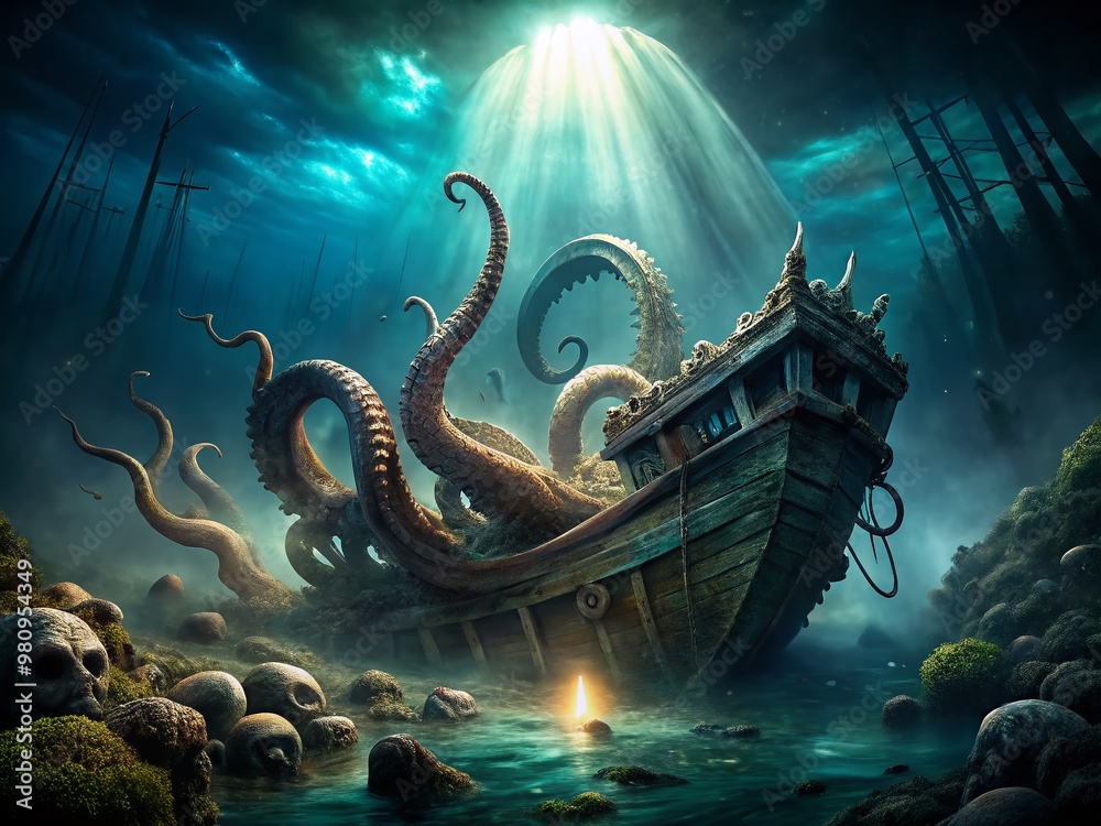 Obraz premium Mysterious glowing tentacles emerge from dark ocean depths, coiling around a worn wooden shipwreck, evoking a legendary