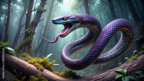 Mysterious purple serpent coils around a decaying tree branch in a dark, misty forest, its forked tongue darting photo