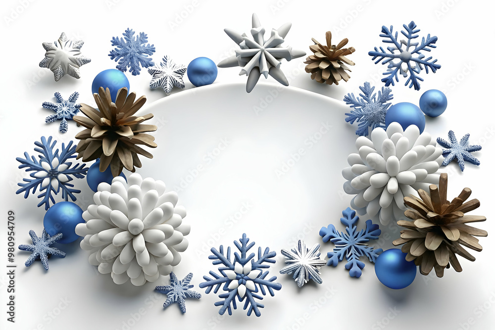 3D Snowflakes and Pinecones Border with Copy Space for Winter Product Display - Perfect for Seasonal Promotions and Ecommerce Banners 3D Snowflakes and Pinecones Border with Copy Space for Winter Product Display - Perfect for Seasonal Promotions and Ecommerce Banners