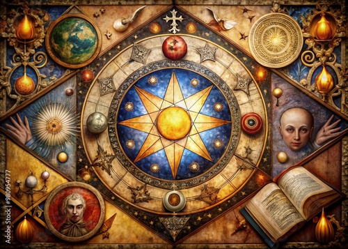 Mystical ancient alchemical manuscript illustration featuring celestial bodies, geometric symbols, and cryptic texts, photo