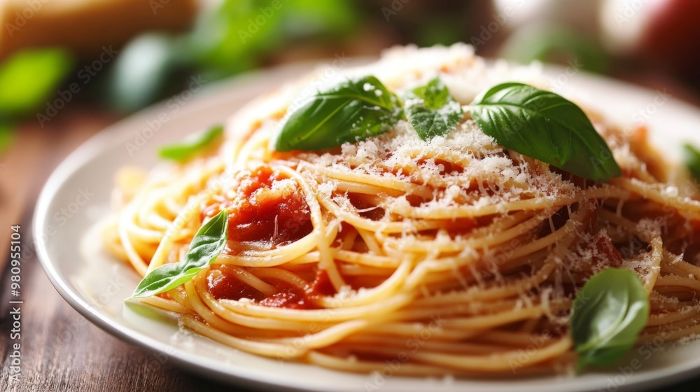 A close-up of a plate of spaghetti with rich tomato sauce, topped with fresh basil leaves and grated Parmesan cheese, showcasing a classic Italian dish. A close-up of a plate of spaghetti with rich tomato sauce, topped with fresh basil leaves and grated Parmesan cheese, showcasing a classic Italian dish.