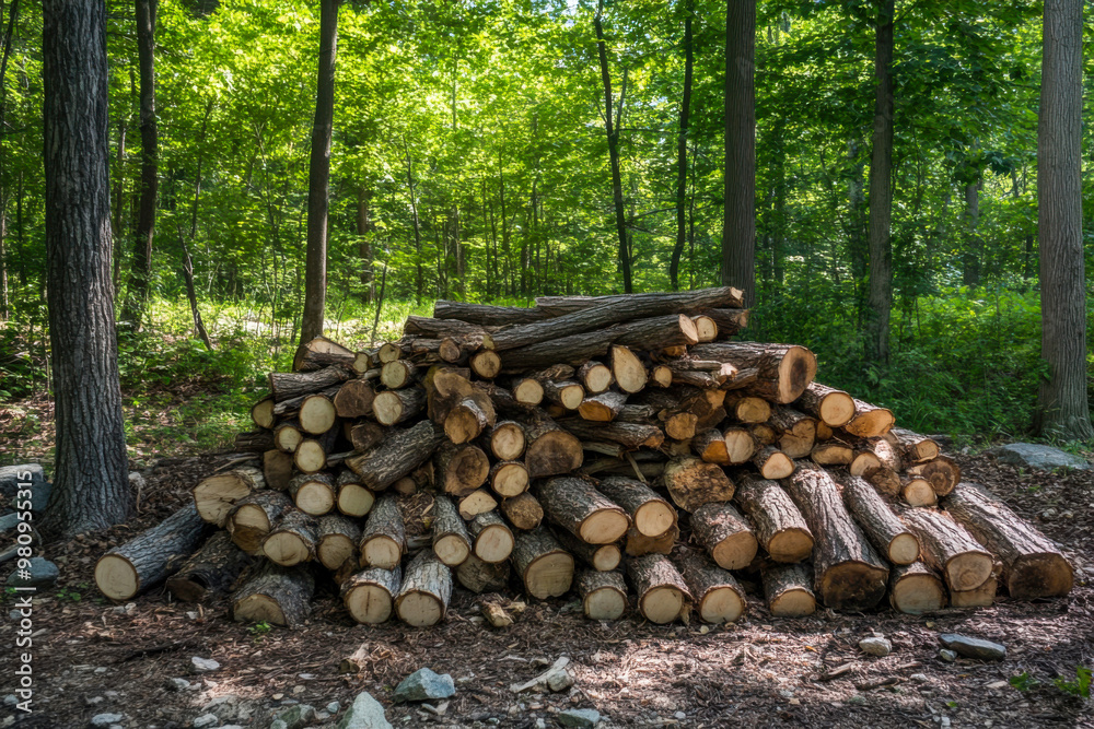 A stacked pile of freshly cut logs in a serene forest setting surrounded by vibrant green foliage on a sunny day A stacked pile of freshly cut logs in a serene forest setting surrounded by vibrant green foliage on a sunny day