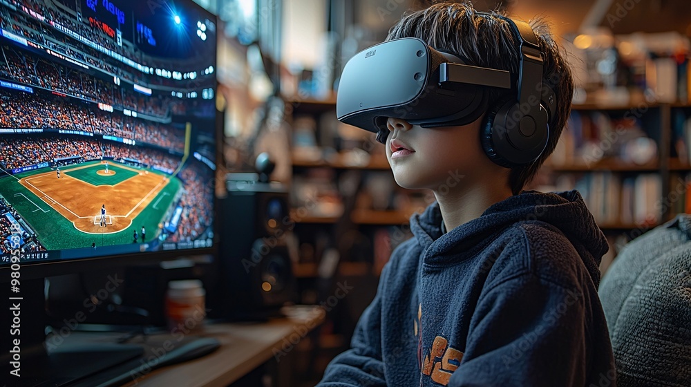 Show an Asian boy playing a virtual baseball game in his living room, the VR environment bringing a stadium to life around him Show an Asian boy playing a virtual baseball game in his living room, the VR environment bringing a stadium to life around him