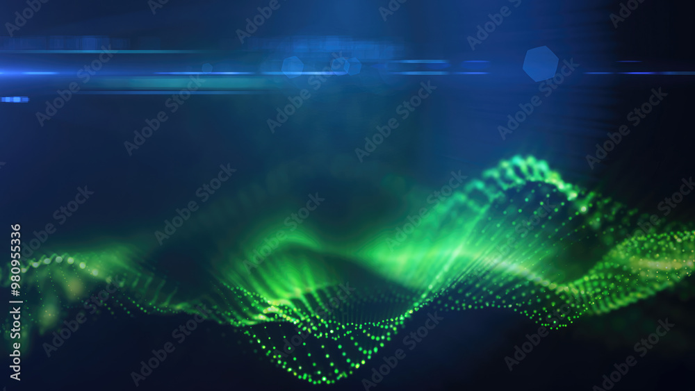 A green, glowing particle wave forms a dynamic curve, suggesting energy, sound, or data visualization on a dark background A green, glowing particle wave forms a dynamic curve, suggesting energy, sound, or data visualization on a dark background