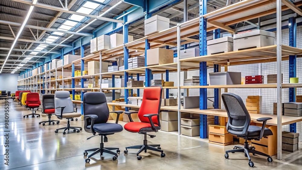 Neatly organized rows of refurbished office chairs, desks, and shelves fill a spacious warehouse, ready for reuse in Neatly organized rows of refurbished office chairs, desks, and shelves fill a spacious warehouse, ready for reuse in