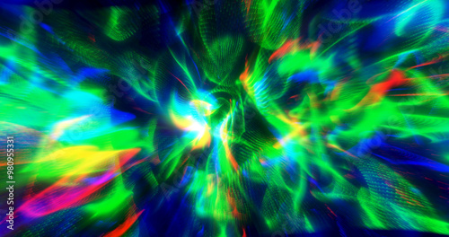 A vibrant and dynamic abstract image with swirling patterns of green, blue, and red light, creating a sense of motion and energy. Perfect for backgrounds, technology themes, or creative