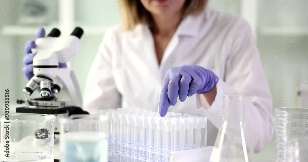 Medical research laboratory scientist using test tubes to analyze tests. Advanced science laboratory medicine biotechnology and microbiology development concept