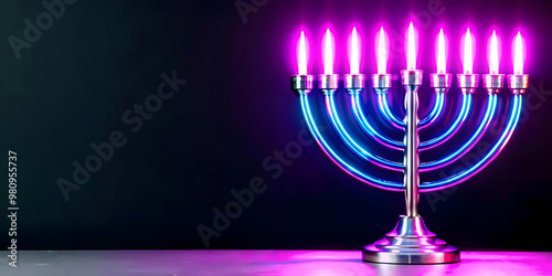 Futuristic Glossy Menorah with Neon Lights on Dark Background - Ideal for Modern Hanukkah Banners with Copy Space